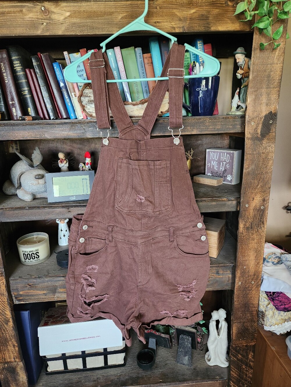 Amazon Women's Brown Distressed Denim Short Overalls
